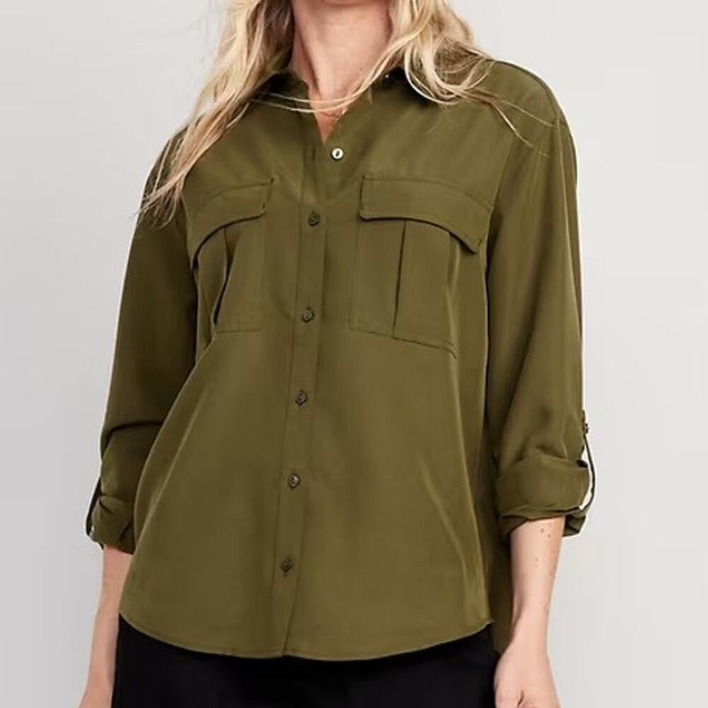 Old Navy M Shirt Button Utility Olive Green Blouses Pockets Roll Tab Round Hem